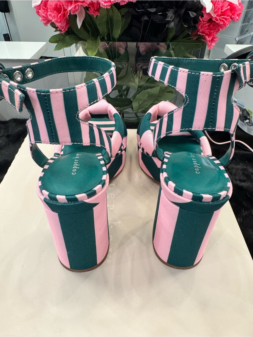 Copper Key Pink and Green Striped Bow Ankle-Strap Heels - Picture 5 of 8